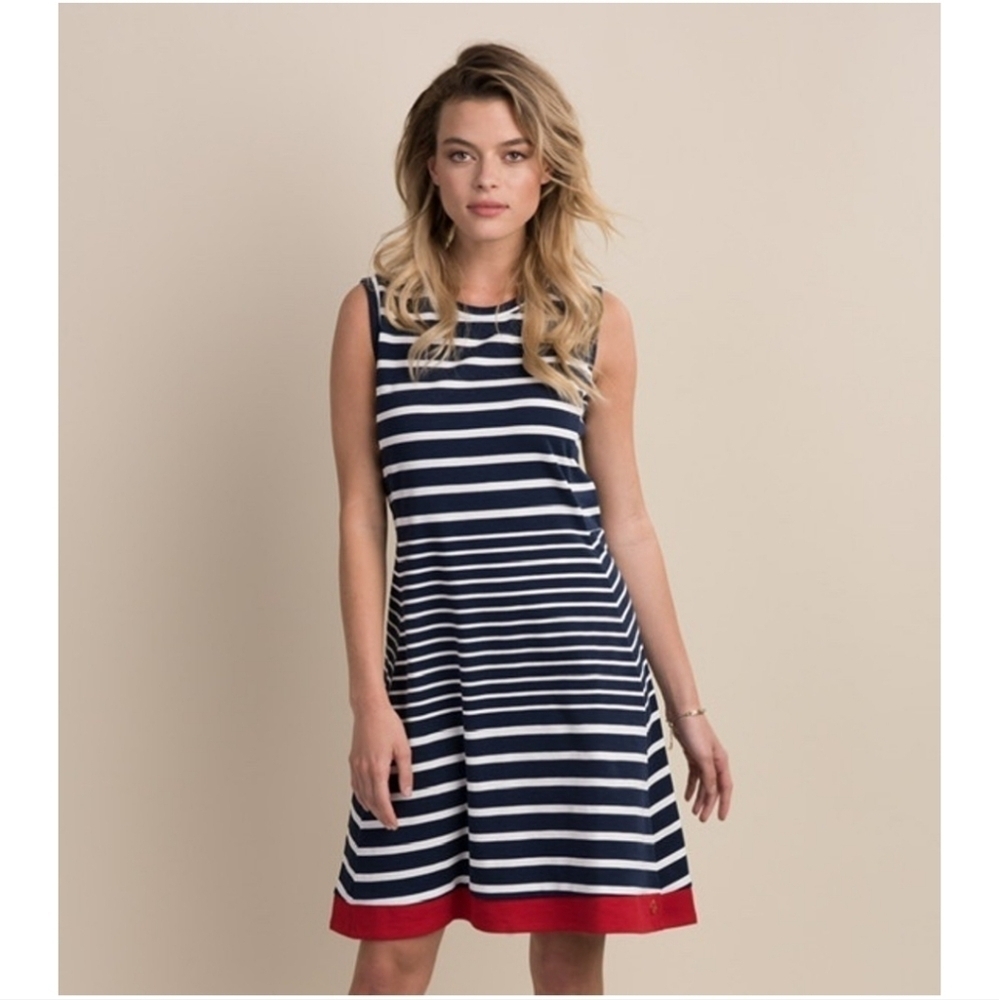 Hatley Womens Navy Blue White Striped Sleeveless Shift Dress Red Hem XL